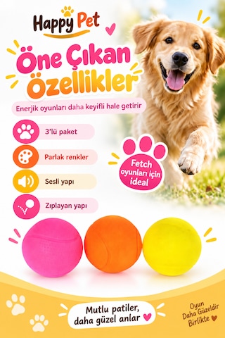 Happy Pet Glow Balls Renkli Ve Parlak Sesli Top Köpek Oyuncağı 3'lü Paket