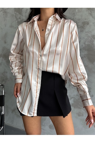 Kadın Oversize Ekru Renk Camel İnce Çizgili Detaylı Saten Gömlek-camel Camel