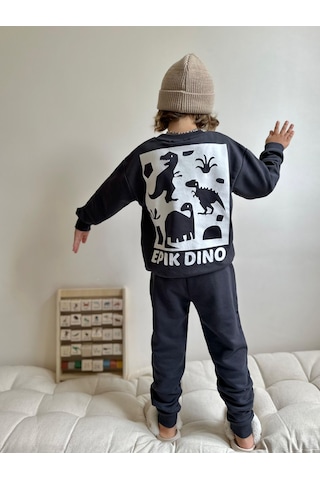 Jolly Kids Erkek Çocuk Yazı Baskılı Sweatshirt Takım Koyu Gri