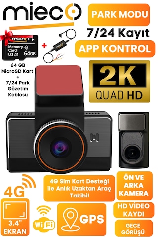 Mieco G4 2K QHD / GPS / 4G / Wifi / 140° Geniş Açı / Gece Görüşü / Ön + Arka Kamera / Sim Kartlı Araç Kamerası (2025) + Hafıza Kartı ve Park Kiti