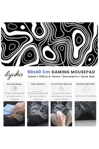 İlyuka Mousepad 90x40cm Büyük Boy Xxl Black And White Top. Map