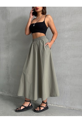 Kadın Beli Lastikli Dokuma Kloş Etek Haki