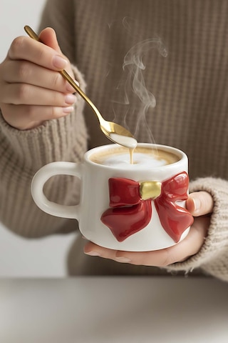 Rivaistanbul Kurdele Amore 24 K Altın Süslemeli El Yapımı Yılbaşı Hediyesi Seramik Double Kahve Fincanı, Mug, Kupa Kırmızı