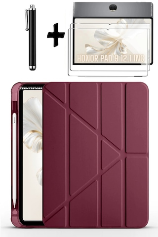 Honor Pad 9 12.1 İnç Uyumlu Kalem Bölmeli Standlı Silikon Kılıf + Ekran Koruyucu + Kalem 3'lü Set Mürdüm