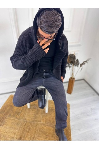 Elku Moda Hırka Kapüşonlu Cepli Naturel Pamuk Lazer Kesim Yırtık Detaylı Örgü Triko Uzun Panço Hırka Siyah