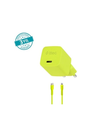 Ttec Smartcharger Gan 20w Pd Seyahat Hızlı Şarj Aleti + Usb-c - Lightning 120cm Kablo Neon Sarı