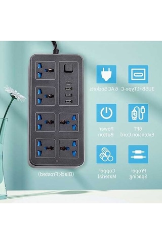 Novahub 6 Ac Soketli Güç Şeridi, 3 Usb & 1 Type-c, 6ft Uzatma Kablosu, Aşırı Gerilim Koruyucu, Uk Plug, Ev Ve Ofis İçin 1.8 M