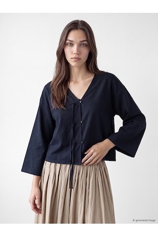 Lcw Modest Lacivert Süslü Düğmeli Oversize Kadın Kimono