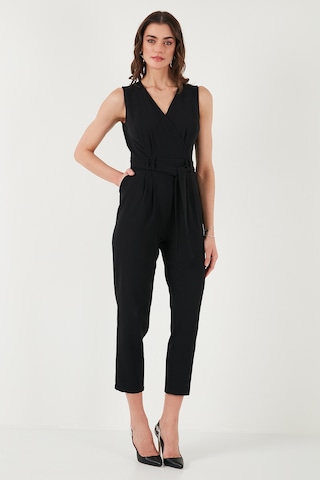 Lela Slim Fit Düz Paça Kruvaze Yaka Kemerli Bayan Tulum 6783626 Siyah