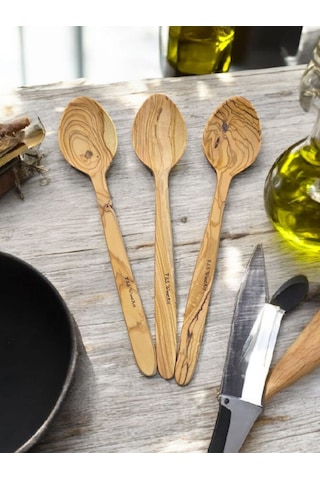 F&s Woodart 3 Adet Edremit Zeytin Ağacı Doğal Ahşap El Yapımı Tahta Kaşık Yemek Kaşığı 29 Cm Tencere Kaşığı
