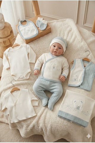 Zeynuko Erkek Bebek Amore Mio Nakışlı Ayıcık Süzeneli 10'lu Yenidoğan Hastane Çıkışı Zıbın Seti Kutulu yeşil