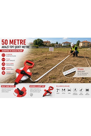 50 Metre Arazi Tipi Şerit Metre 13 Mm Beyaz Şerit Arsa, Bahçe, Tarla Ve Şantiye Ölçüm Metresi 50 M