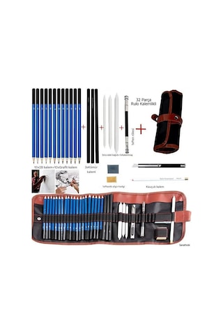 Kara Kalem Çizim Seti, Eskiz Kalem Seti, Dereceli Kalem Set, Tonlama-rulo Kalemlikli-32parça