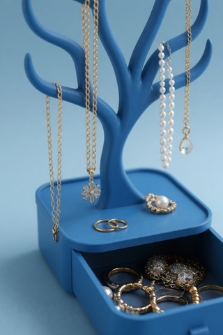 Ağaç Tasarımlı Çekmeceli Takı Organizer Kolye Askılığı Yüzük Küpe Bileklik Saklama Kutusu Mavi