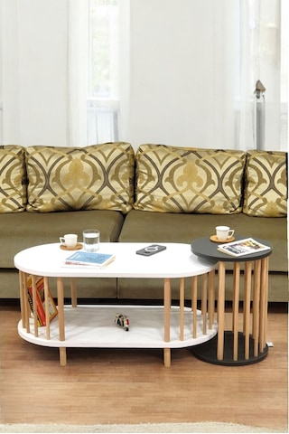 İkili Set Orta Sehpa Ahşap Ayaklı Sehpa İki Raflı Sehpa Dekoratif Sehpa Gazetelikli Beyaz - Antrasit