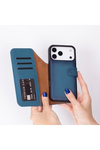 Bloomcase Magic Wallet Midnight Blue iPhone Uyumlu 17 Pro 6.3" Hakiki Deri Çıkarılabilir Cüzdanlı Telefon Kılıfı Mavi