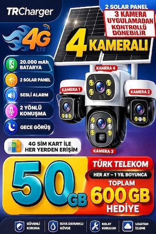 S446g 4 Kameralı 12mp 4g Solar Ptz Güvenlik Kamerası 3 Motorlu Si