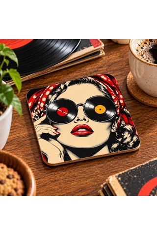 Plakların Divası Temalı Dekoratif Mdf Bardak Altlığı 10x10 Cm Çok Renkli