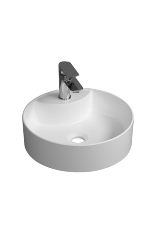 Bath Round Line Tezgah Üstü Batarya Delikli Lavabo Beyaz Beyaz