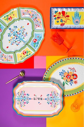 Mamma Mia Çiçek Desenli Oval Servis Tabağı 50 Cm X 35 Cm Yeşil