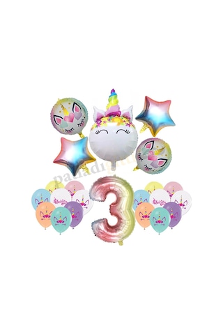 3 Yaş Gökkuşağı Konsepti Unicorn Temalı Doğum Günü Parti Kutlama Seti