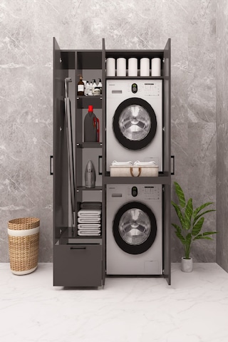 Mdf Çamaşır Makinesi Ve Kurutma Makinesi Dolabı Ütü Masalı Kapaklı Antrasit