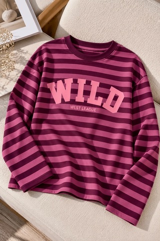 Bbbutikbasic Wild Baskılı Çizgili Uzun Kollu Kadın Sweatshirt My3535 Bordo