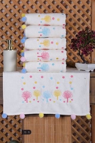 6 Lı Renkli Ağaç Nakışlı El Yüz Havlu Seti Ponponlu Hediyelik Çeyizlik El Yüz Havlu Takımı 50 X 90 Cm 001