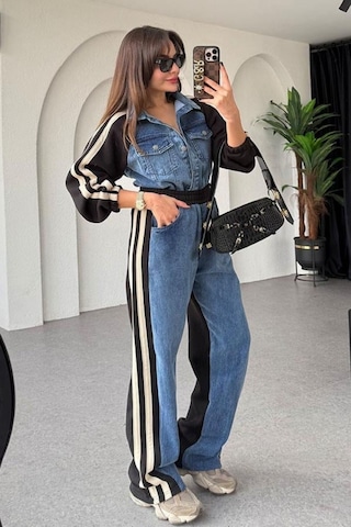 Kadın Kot Garnili Siyah Şeritli Palazzo Alt Üst Takım Çok Renkli