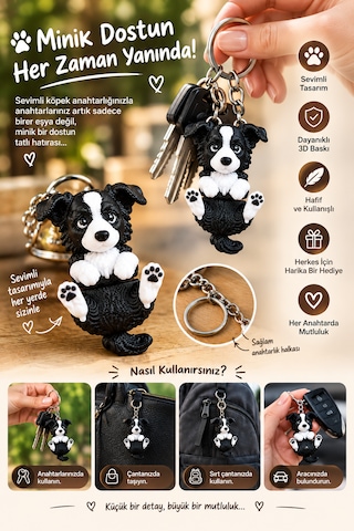 Sevimli Köpek Figürlü Anahtarlık Siyah Beyaz 3d Baskı Çanta Ve Araba Anahtarlığı Siyah - Beyaz