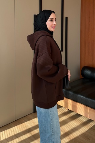 Balenbi Kadın 3 İplik İçi Polarlı Kapüşonlu Tesettür Basic Sweat Hırka 395 Kahvarengi
