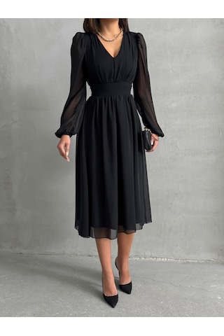 Kadın Arkadan Bağlamalı Şifon Elbise Siyah