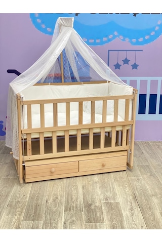 Ahşap Anne Yanı Asansörlü Çekmeceli Sallanır Beşik Tam Set Uyku Seti Koyu Gri