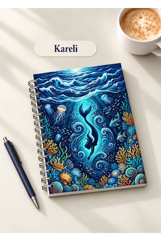 Masalsı Deniz Altı Su Altı Bahçesi Temalı 2'li Set A5 Metal Spiralli Çizgili-kareli Karton Kapak Masalsı Deniz Altı Su Altı Bahçesi Temalı 2'li Set A5 Çizgili-kareli Defter