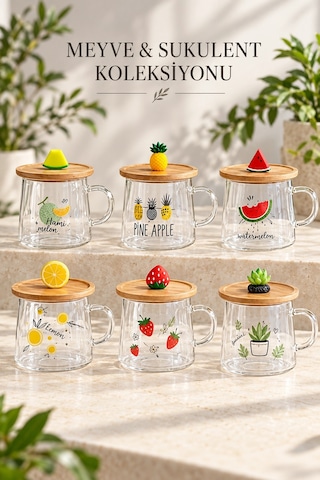2li Bambu Kapaklı Karpuz Meyve Figürlü Cam Bardak Baskılı Meşrubat Kupası Çay Bardağı 280 Ml.