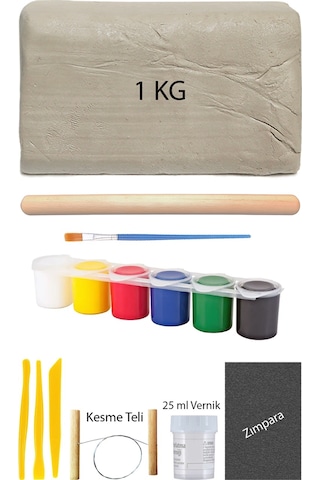Beyaz Seramik Hamuru 1 Kg Kil Ebeşuar Seti 6x15 Ml Akrilik Set 25 Ml Vernik Ahşap Merdane Zımpara