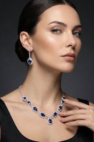 Accessories Hürrem Model Mavi Taşlı Kolye Küpe Takı Seti Gerdanlık - Gelin Düğün Nişan Abiye Set Gümüş - Mavi