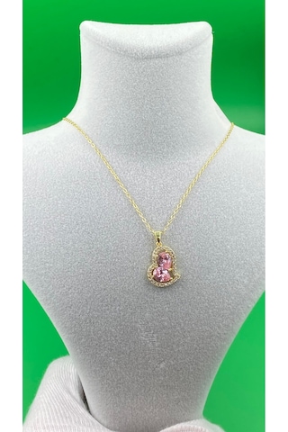 Kadın Gold Renk Pembe Kalpli İnce Zincir Kolye Altın