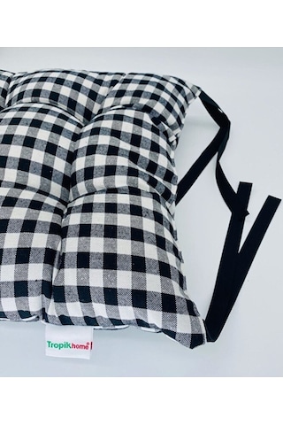 6lı Ekose Siyah Bahçe Sandalye Minderi-bağcıklı Kare Sandalye Min