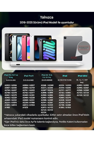 İpad 11/10.nesil A16 9/8/7 10.2 Air/pro 4/5/6 11/13inç Uyumlu Avuç Içi Reddi Dokunmatik Çizim Kalemi