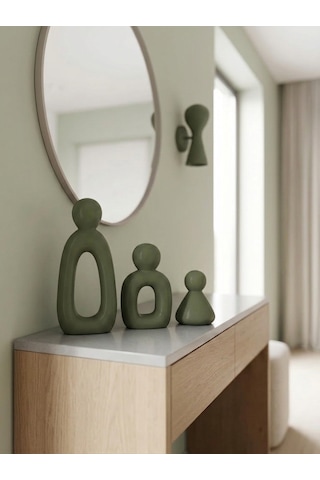 Kaveld Aura Family Minimalist Dekoratif Heykel 3'lü Set El Yapımı Modern Biblo Mermer Tozu & Çimento Kompozit Premium Salon Ve Ofis Dekoru Yeşil