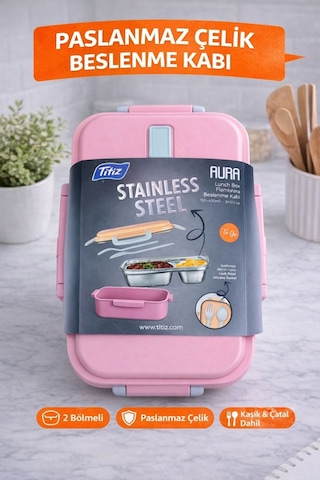 Pembe Benmarili Paslanmaz Çelik Yemek Kabı 2 Bölmeli Beslenme Kabı Saklama Kabı Diğer