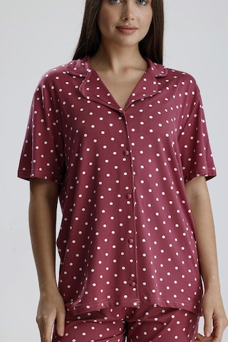Kompedan Kadın Puantiye Desen Önden Düğmeli Pijama Takım Mürdüm P. Mürdüm