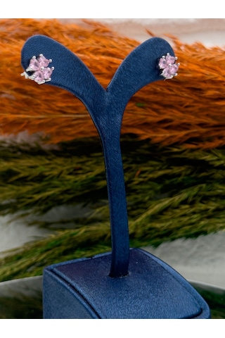 925 Ayar Gümüş Kalpli Pembe Kuvars Taşlı Zarif Kadın Küpe Gümüş