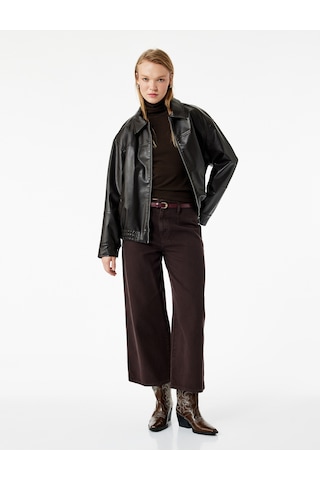 Koton Pamuklu Geniş Paça Kemerli Crop Pantolon - Wide Leg Jeans Kahverengi 7wal40008mw Kahve