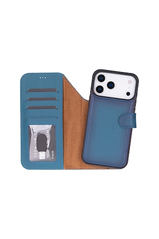 Bloomcase Magic Wallet Midnight Blue iPhone Uyumlu 17 Pro 6.3" Hakiki Deri Çıkarılabilir Cüzdanlı Telefon Kılıfı Mavi