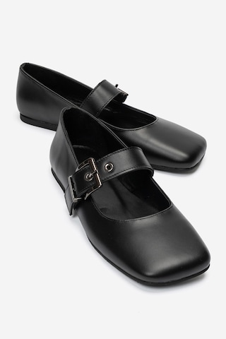 Luvi Shoes Jonas Siyah Cilt Hakiki Deri Kemerli Kadın Babet Ayakkabı