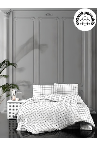 Lotus Home Minikaro Siyah Beyaz Tek Kişilik Pamuklu Nevresim Seti Çarşafsız