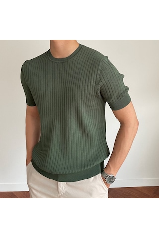 Tarz Cool Erkek Fitilli Slim Fit Bisiklet Yaka Triko T-shirt Haki