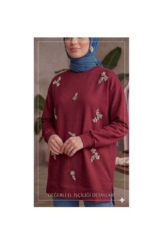 Butik Kadın Boncuk Taş İşlemeli Sweatshirt Bordo Bordo